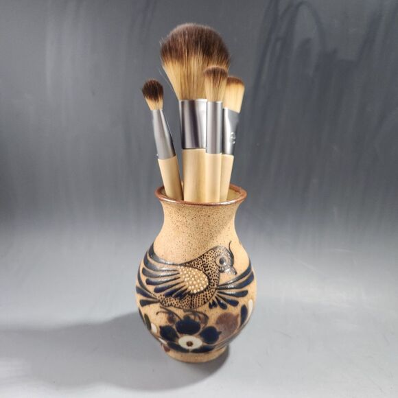 Mini Tonala Vase 4" Brush Holder Studio Pottery Hand Painted Bird Signed Mexico - Picture 1 of 11